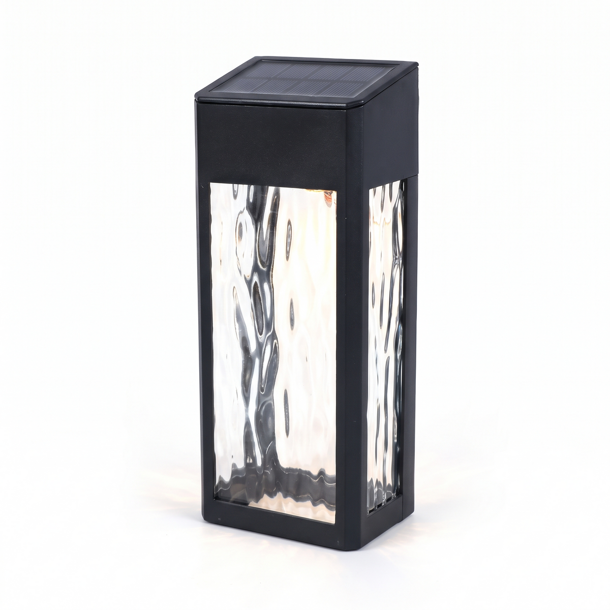 Black solar wall lantern with ripple glass on white background