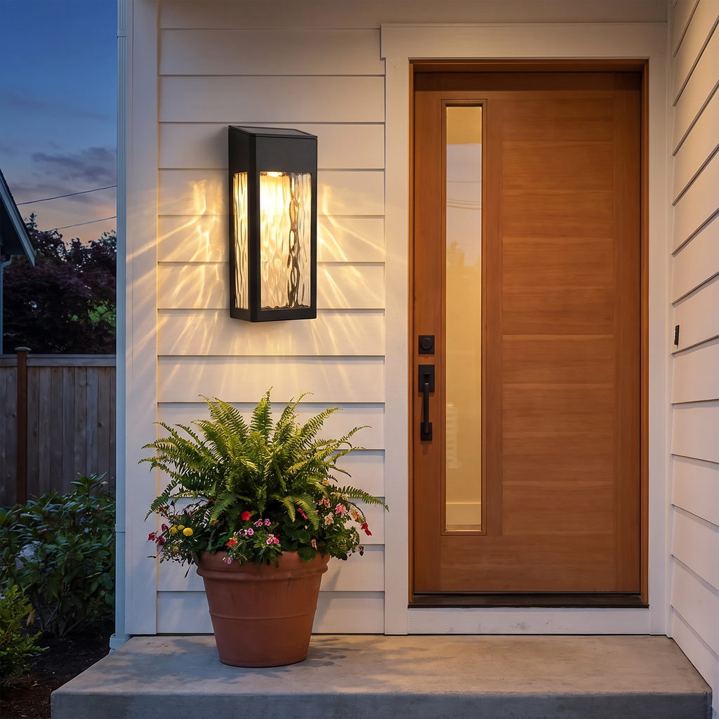 Solar wall lantern glowing beside a front door at dusk