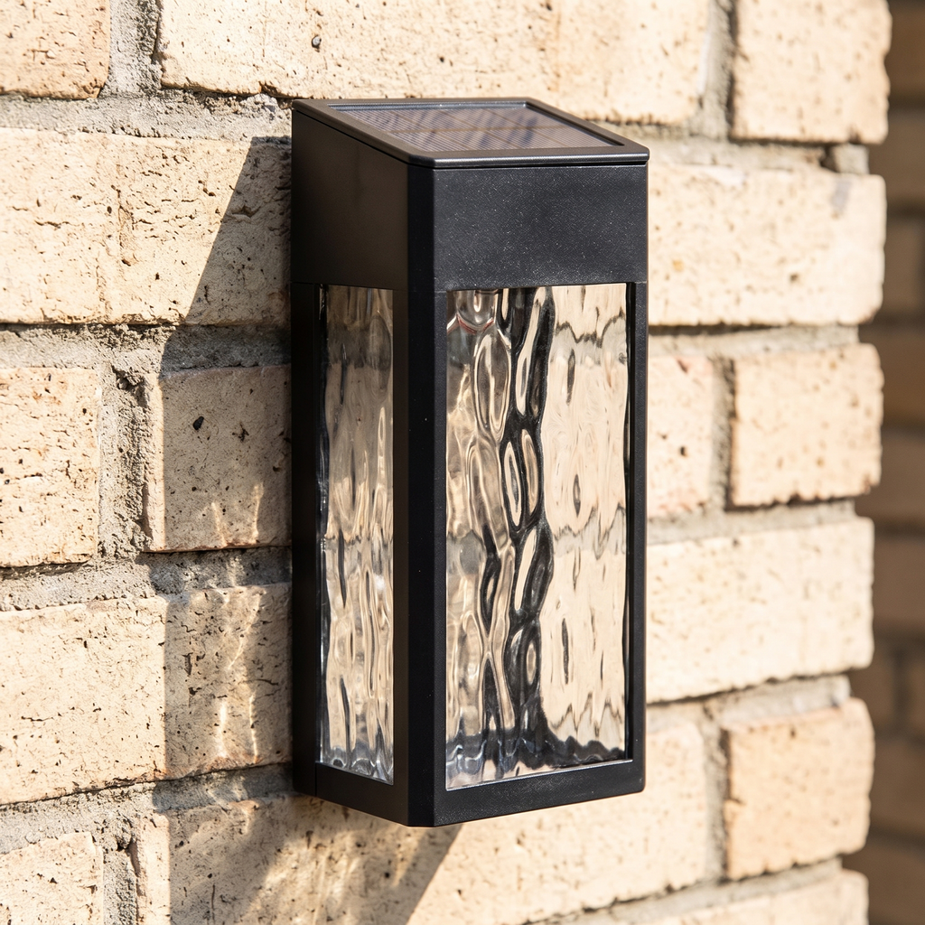 Solar wall lantern showing its solar panel in daylight