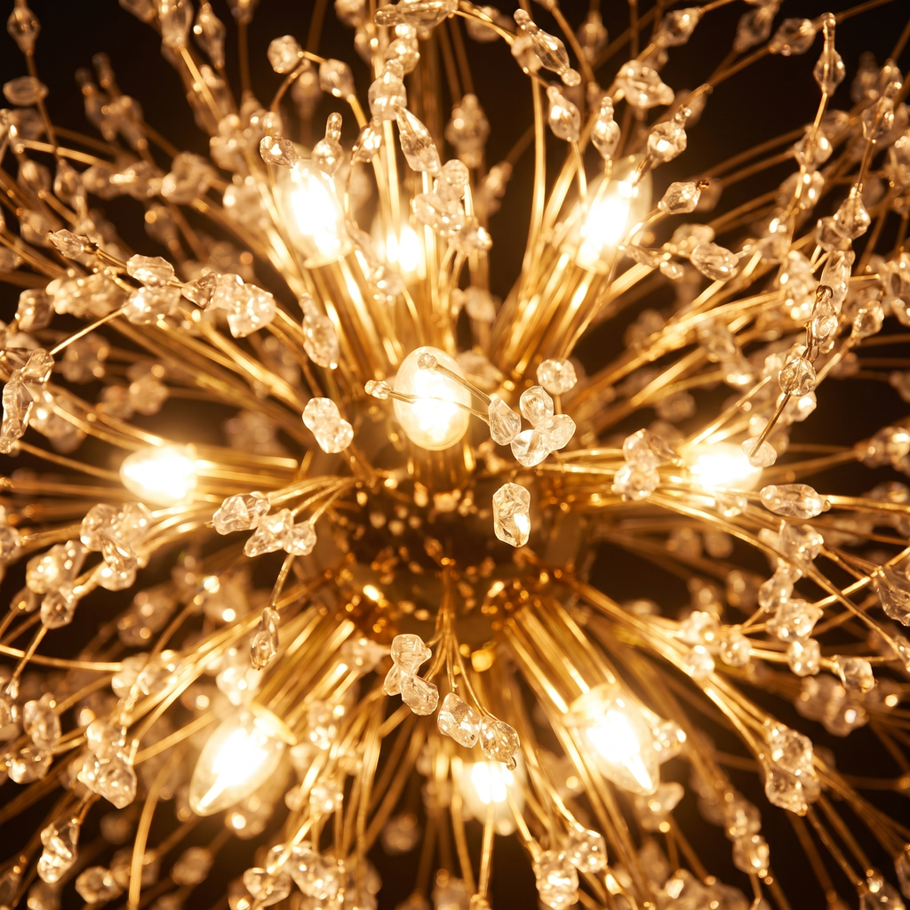 Starburst Crystal Chandelier close-up of the gold rays and crystal-look drops