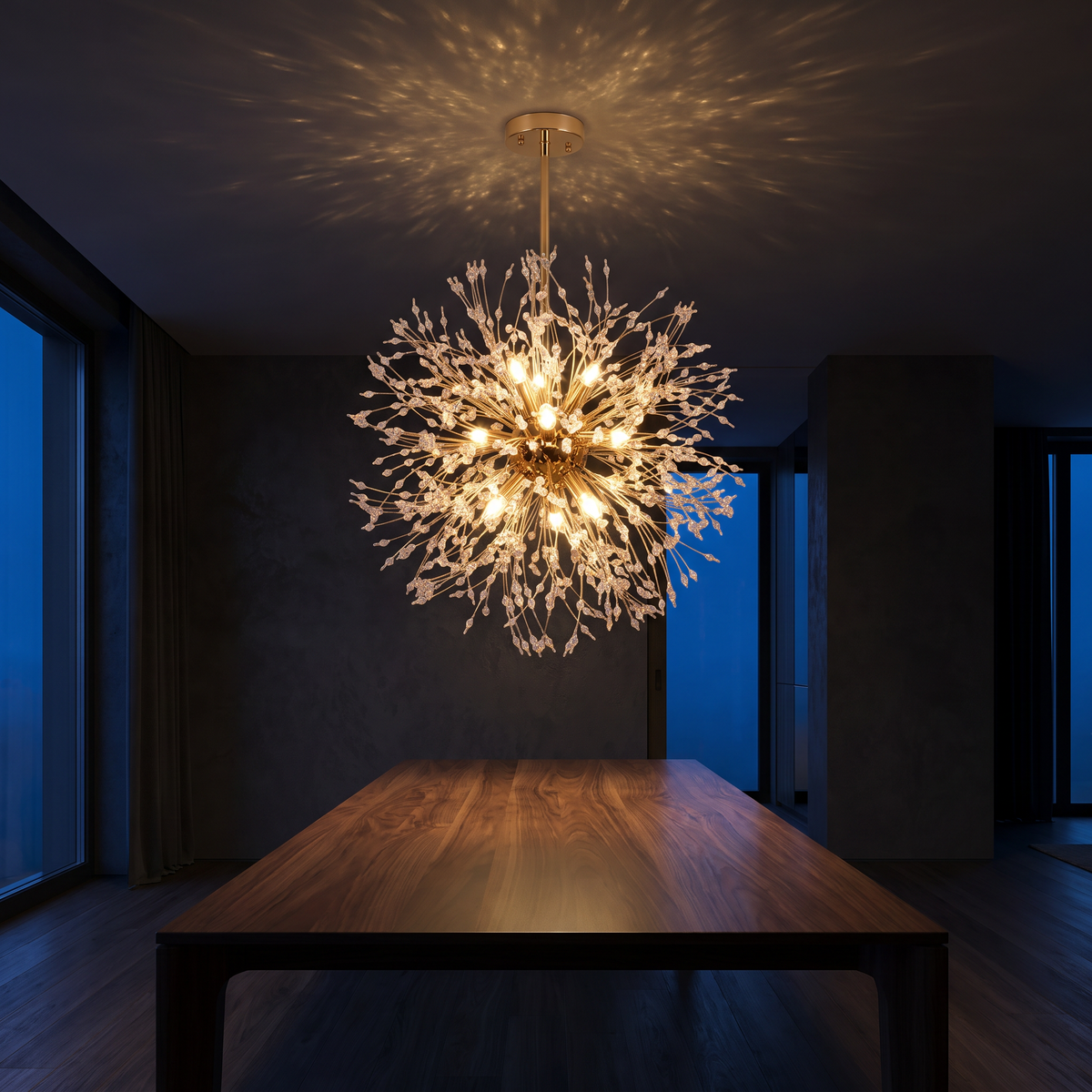Starburst Crystal Chandelier in gold above a dining table in a dark modern dining room