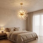 Starburst Crystal Chandelier above a bed in a modern bedroom
