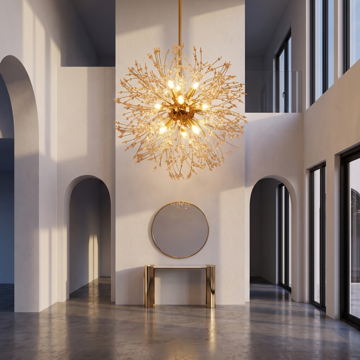 Starburst Crystal Chandelier in a tall entryway, showing size