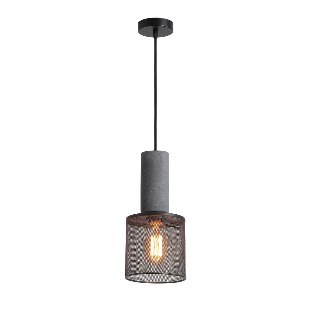 Concrete and Mesh Pendant Light in Short Cylinder on white background