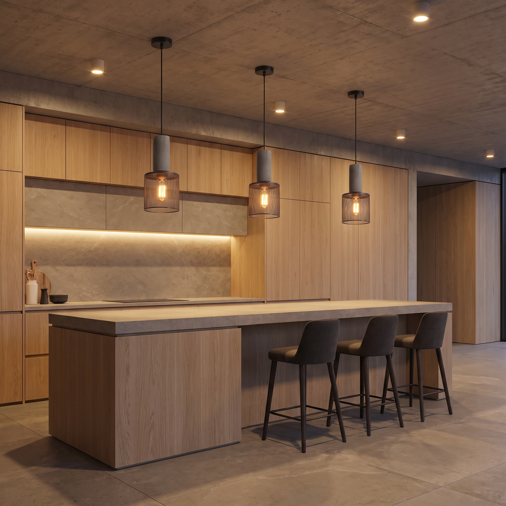 Concrete and Mesh Pendant Light in a modern kitchen above an island, showing size