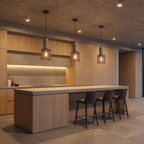 Concrete and Mesh Pendant Light in a modern kitchen above an island, showing size