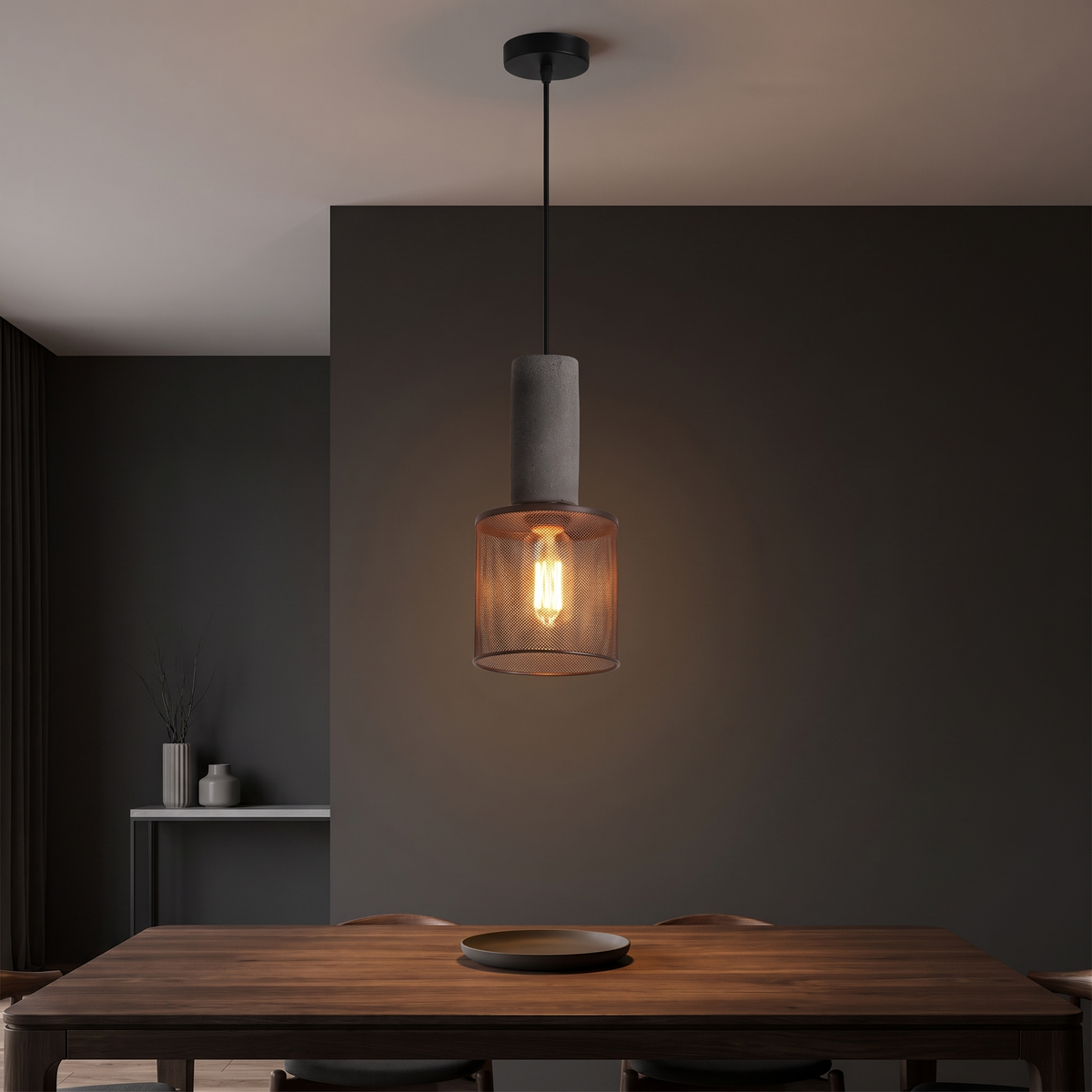 Concrete and Mesh Pendant Light in a dark modern dining room