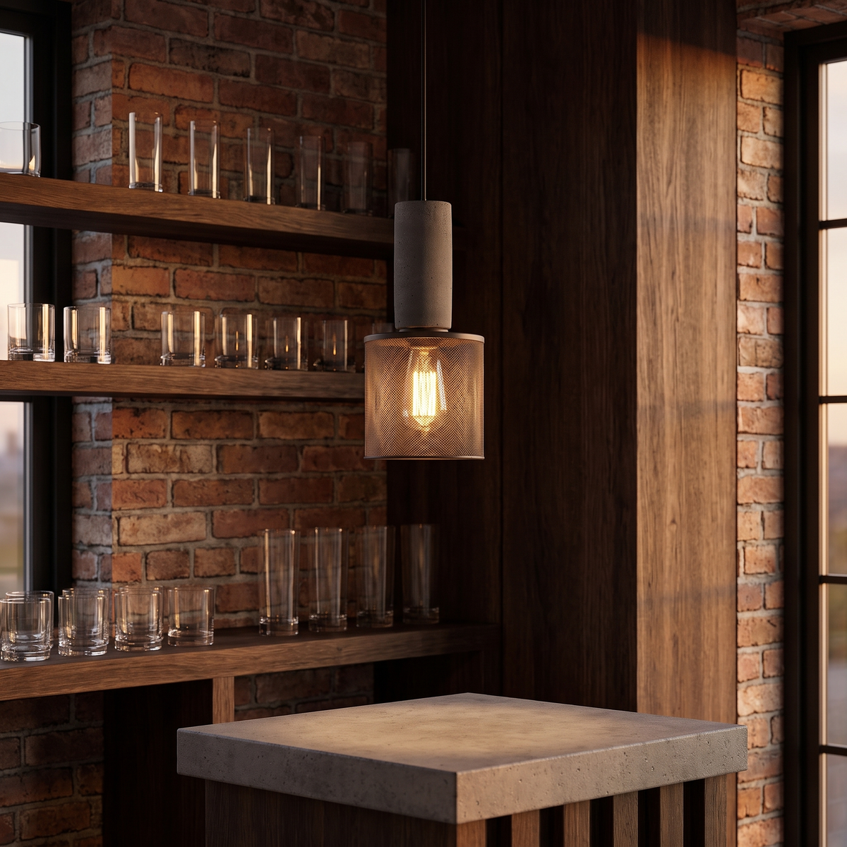 Concrete and Mesh Pendant Light in an industrial home bar