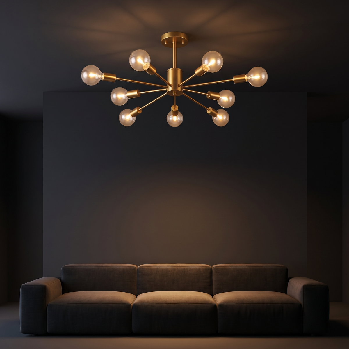 Sputnik Semi Flush Ceiling Light in a dark modern living room