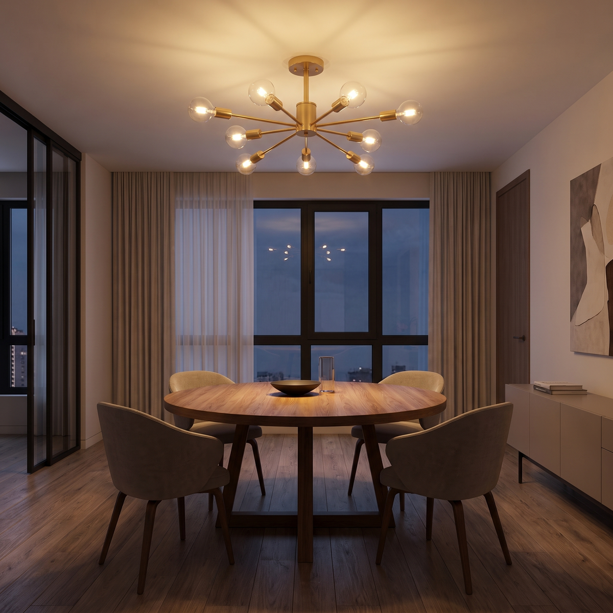 Sputnik Semi Flush Ceiling Light in a dining room, showing size
