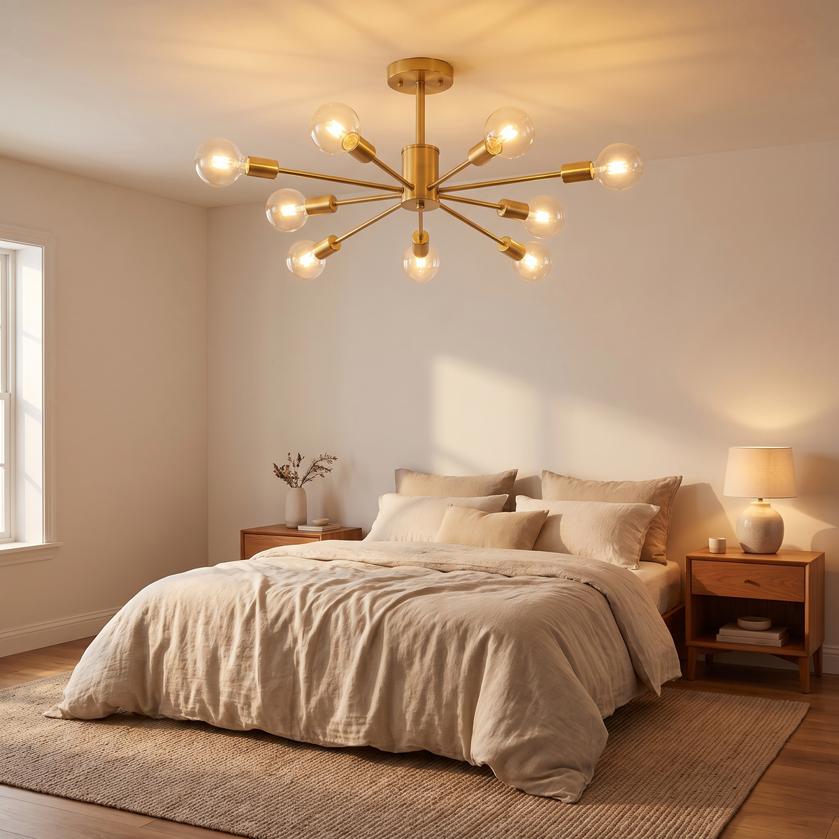 Sputnik Semi Flush Ceiling Light in a bedroom