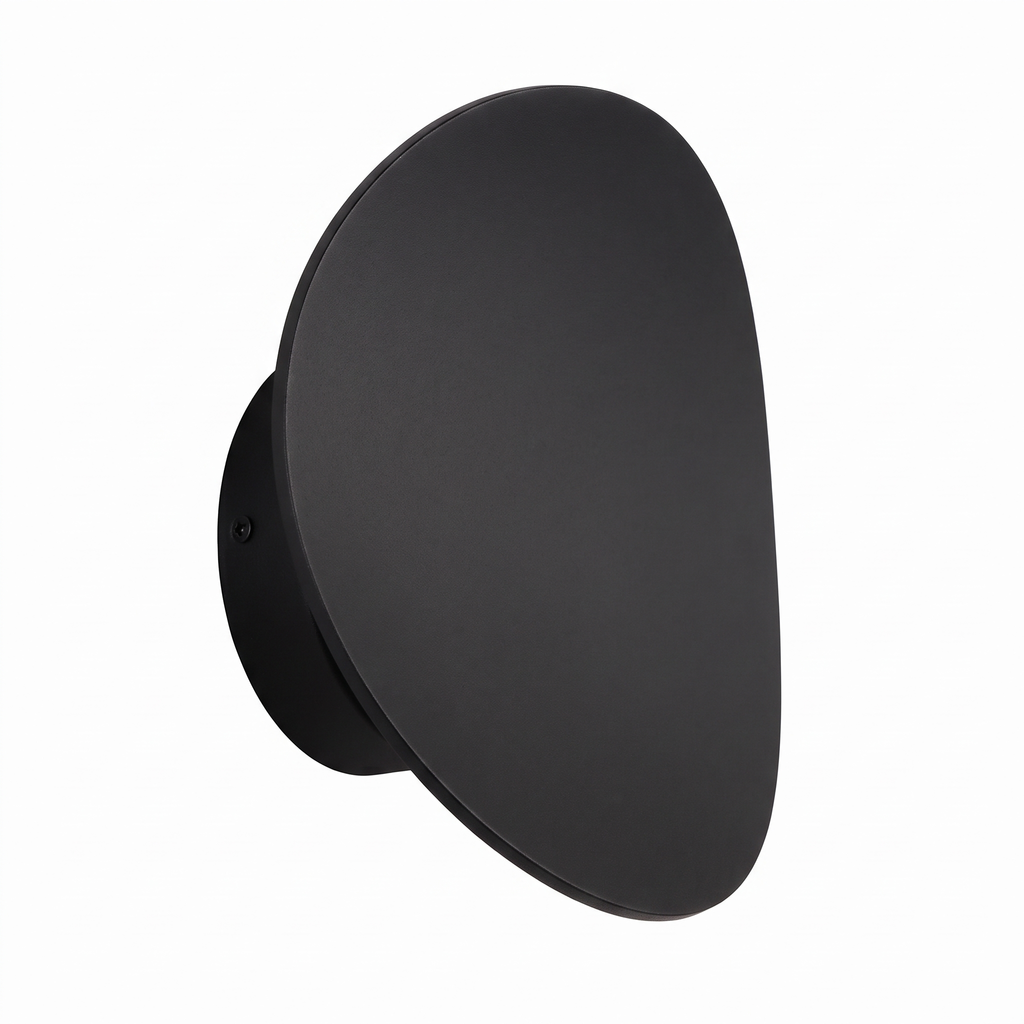 Tilted Disc LED Wall Sconce in Black on white background
