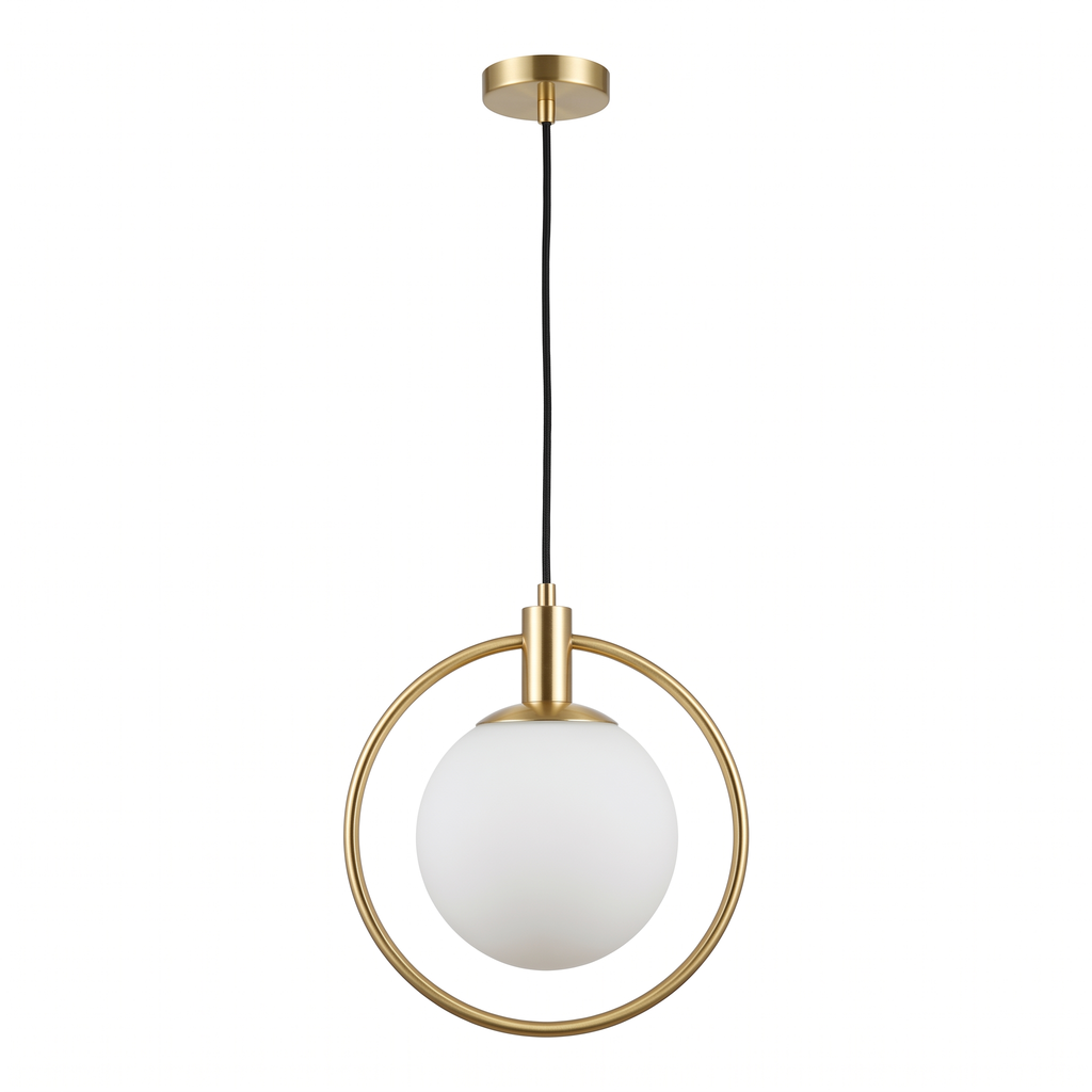 Brass Ring Globe Pendant Light in Round Ring on white background
