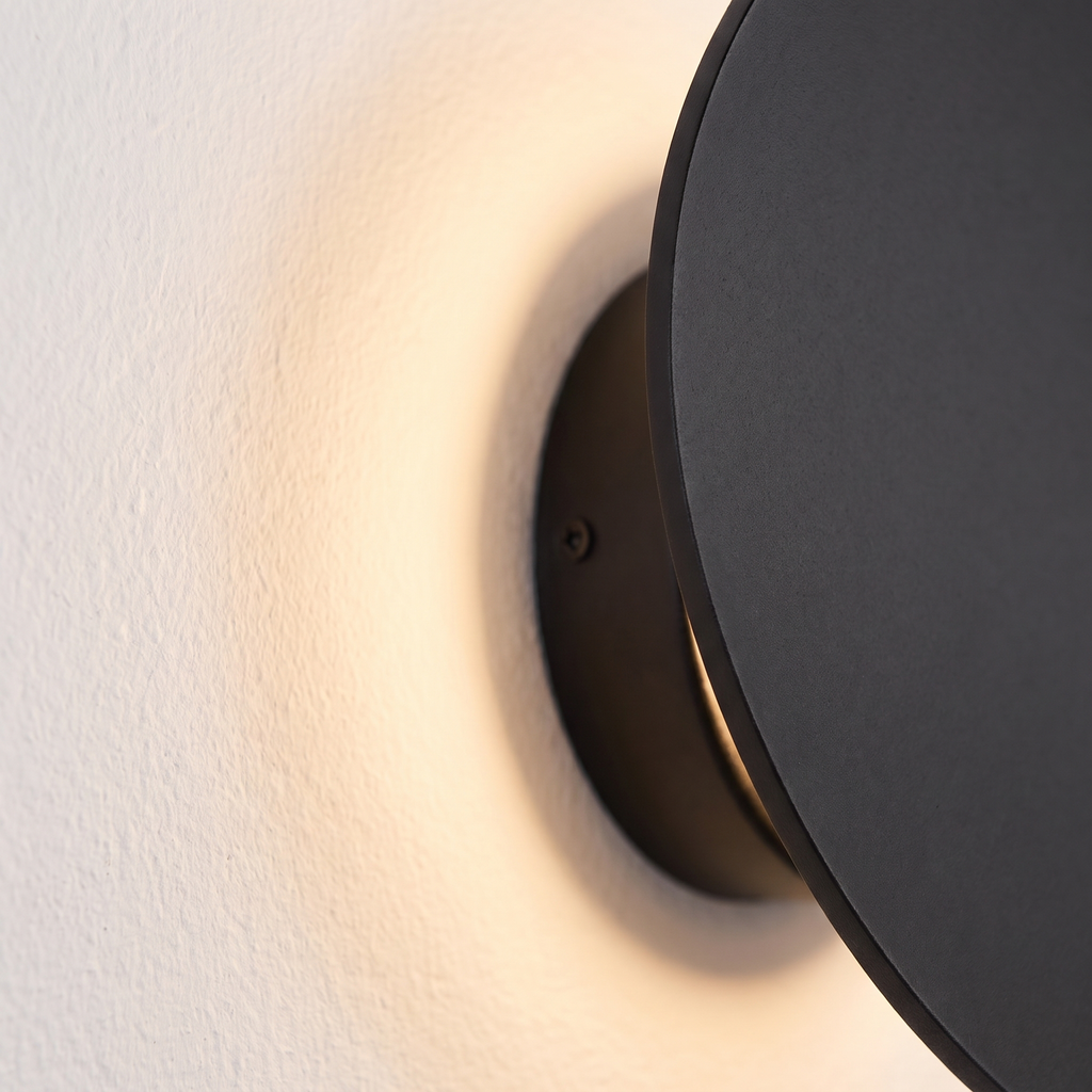 Tilted Disc LED Wall Sconce close-up of the matte disc and LED glow
