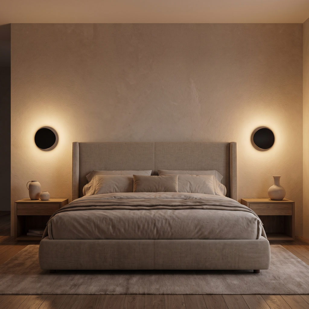 Tilted Disc LED Wall Sconce in a bedroom, showing size