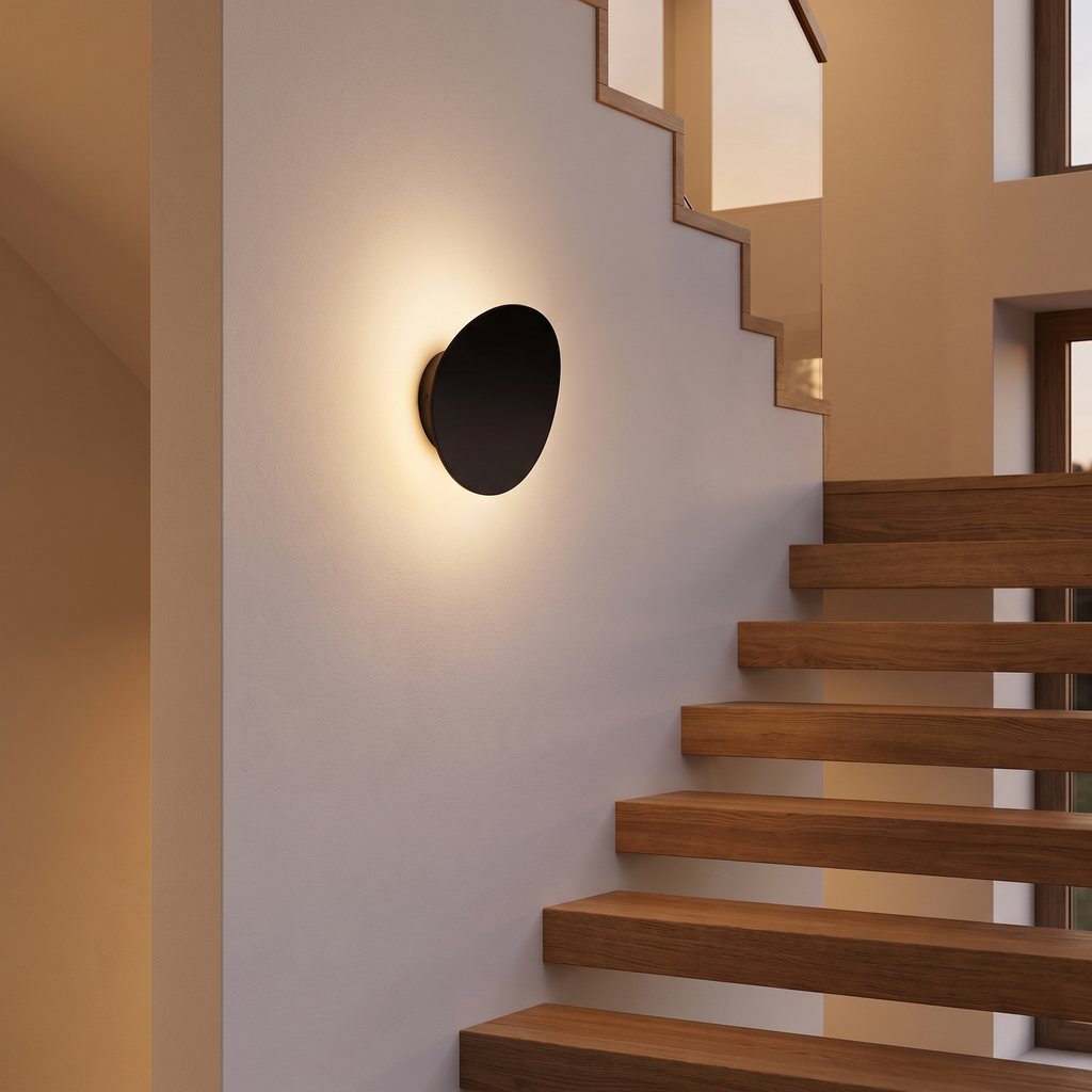 Tilted Disc LED Wall Sconce in a stairway