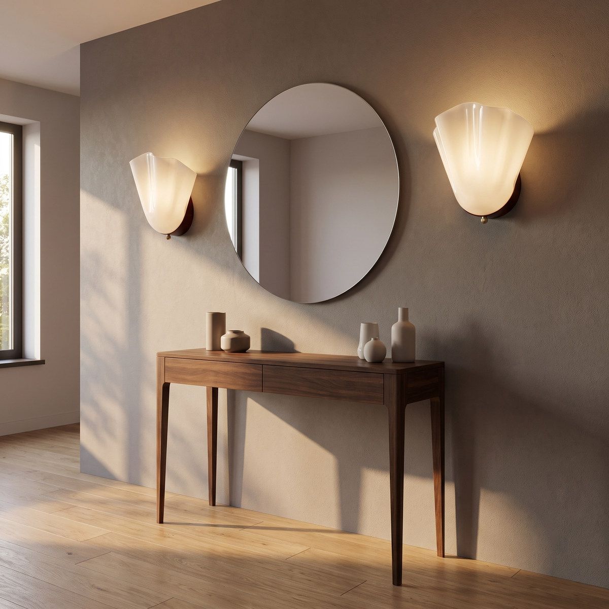 Fluted Glass Shell Wall Sconce in an entryway, showing size
