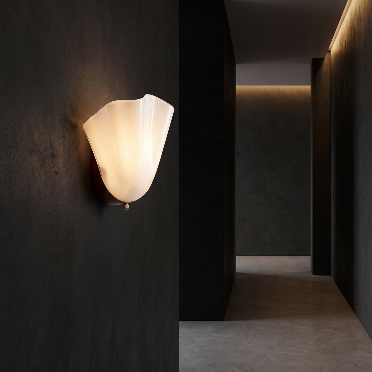 Fluted Glass Shell Wall Sconce in a dark modern hallway