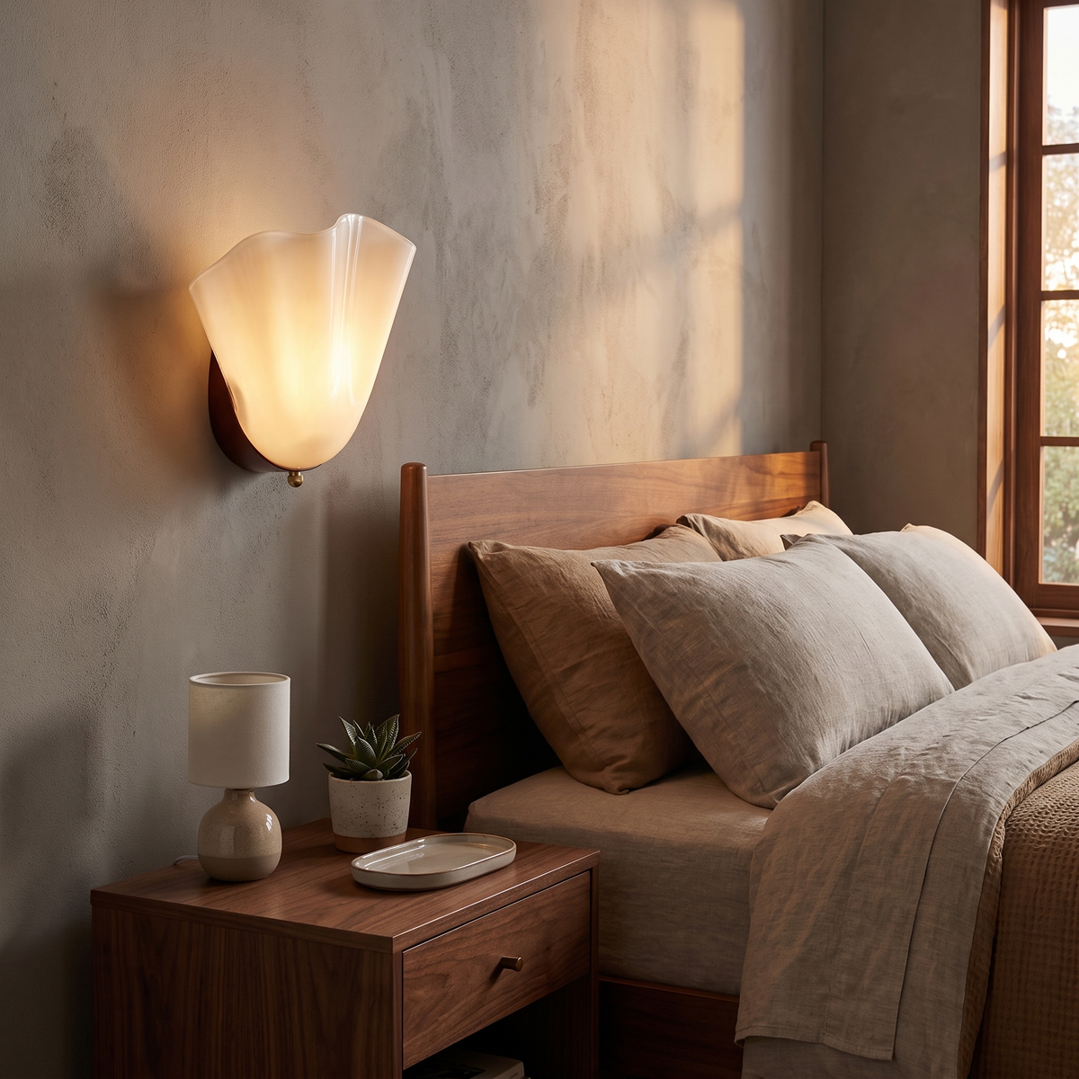 Fluted Glass Shell Wall Sconce in a bedroom
