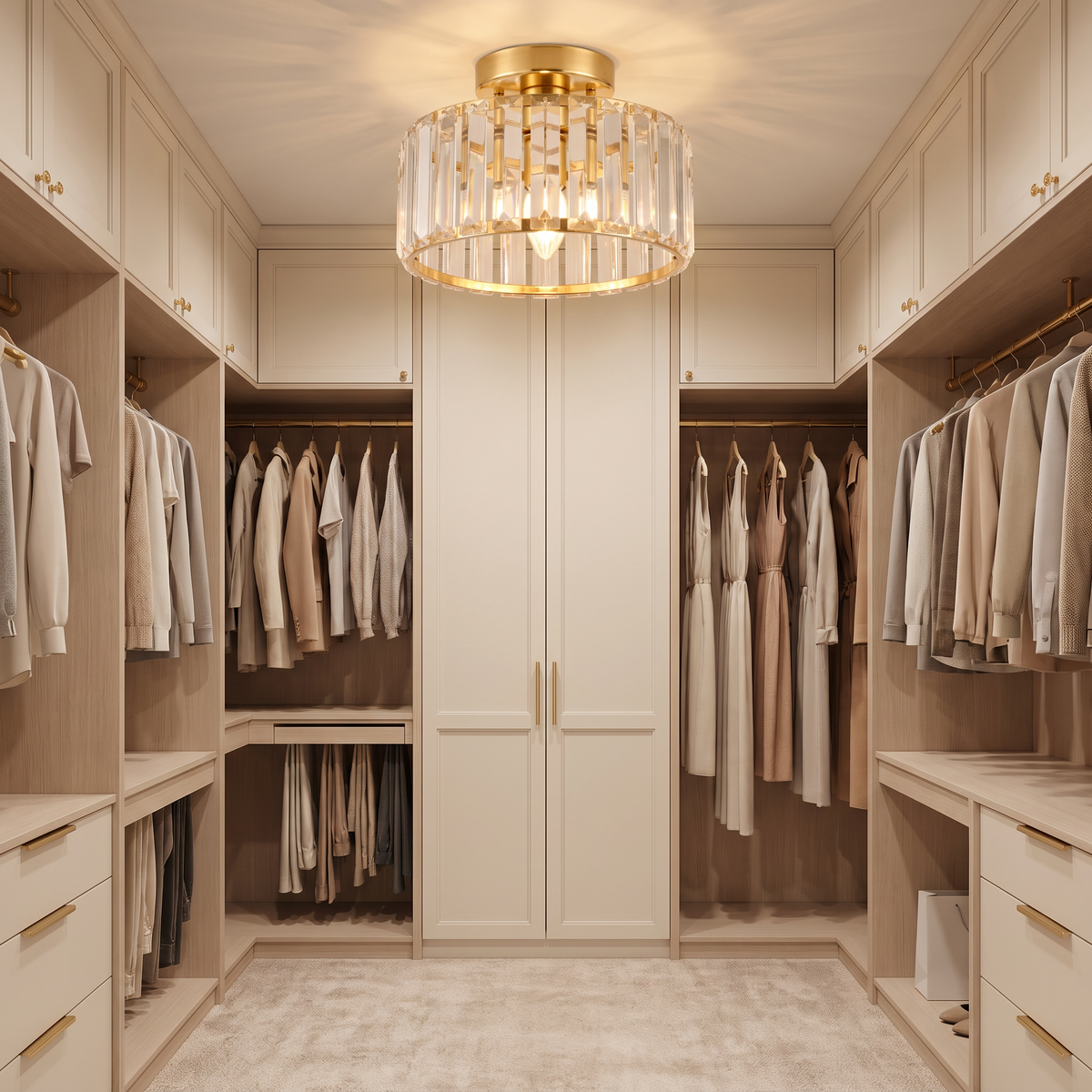 Mini Crystal Semi Flush Ceiling Light in a walk-in closet