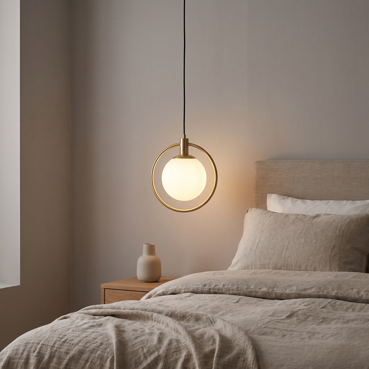 Brass Ring Globe Pendant Light in a bedroom