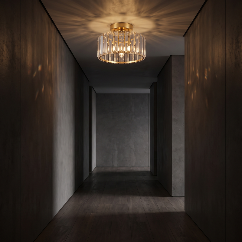 Mini Crystal Semi Flush Ceiling Light in a dark modern hallway