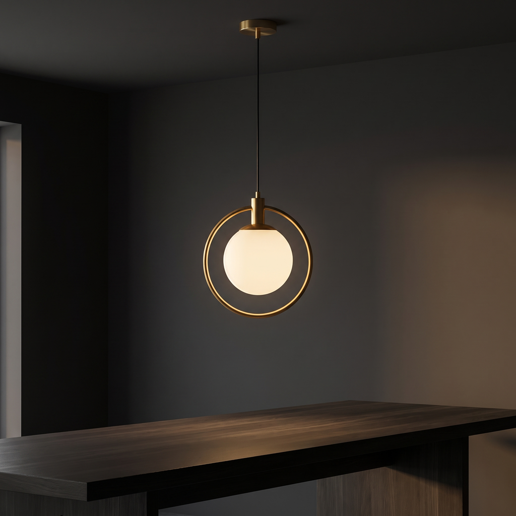 Brass Ring Globe Pendant Light in a dark modern dining room
