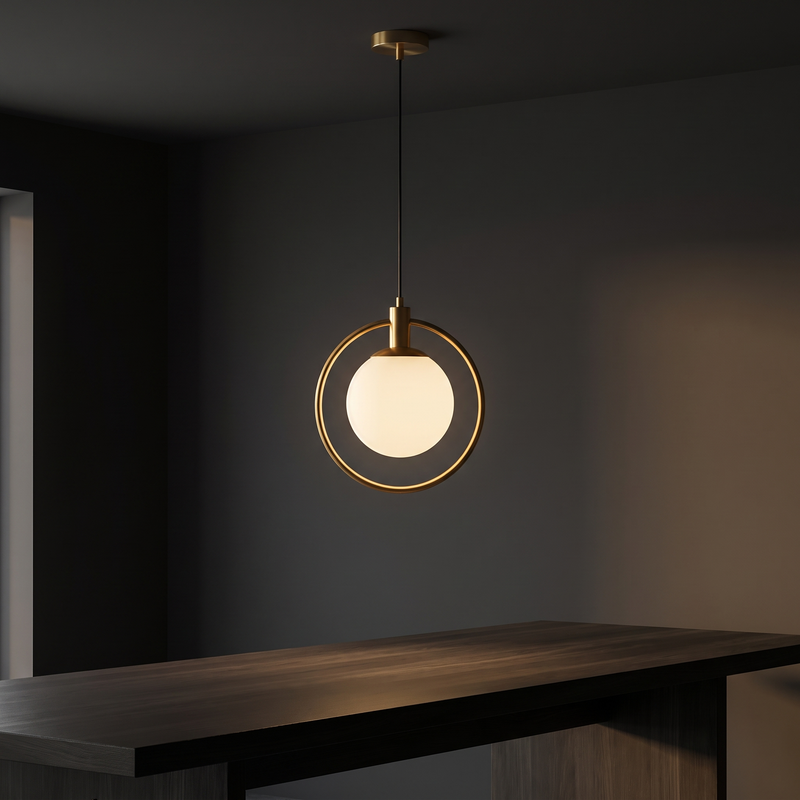 Brass Ring Globe Pendant Light in a dark modern dining room