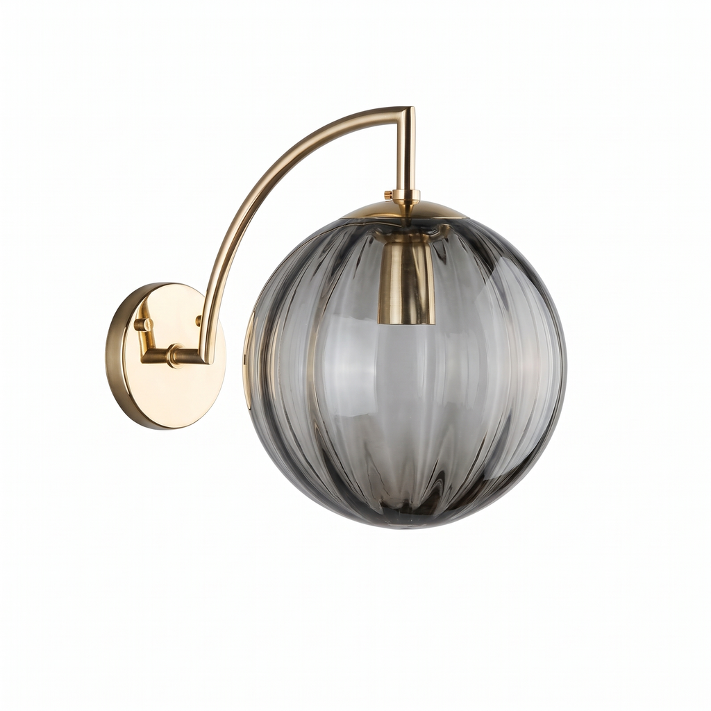 Ribbed Glass Globe Wall Sconce in Smoky Gray on white background
