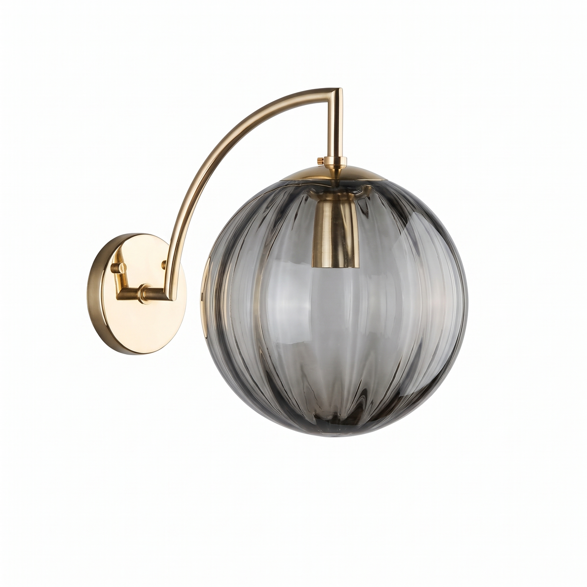 Ribbed Glass Globe Wall Sconce in Smoky Gray on white background