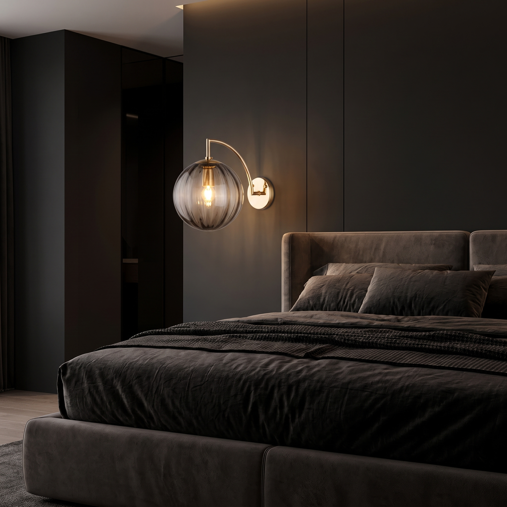 Ribbed Glass Globe Wall Sconce in a dark modern bedroom