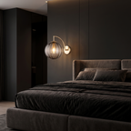 Ribbed Glass Globe Wall Sconce in a dark modern bedroom