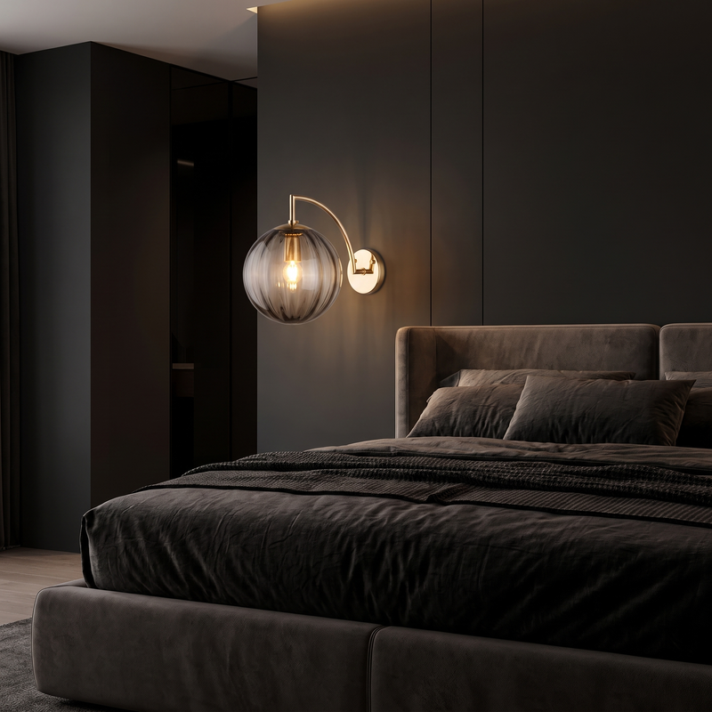 Ribbed Glass Globe Wall Sconce in a dark modern bedroom