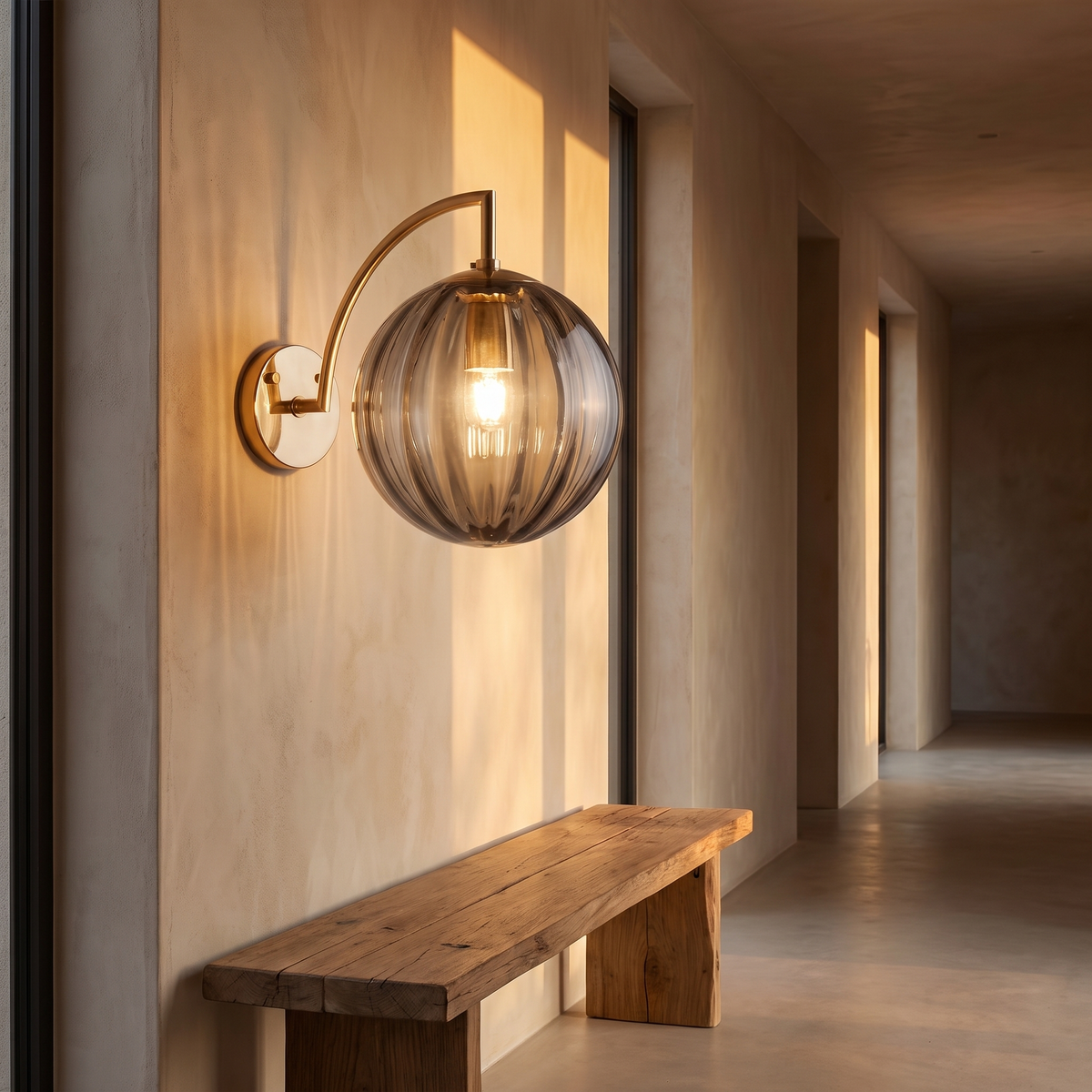 Ribbed Glass Globe Wall Sconce in a hallway
