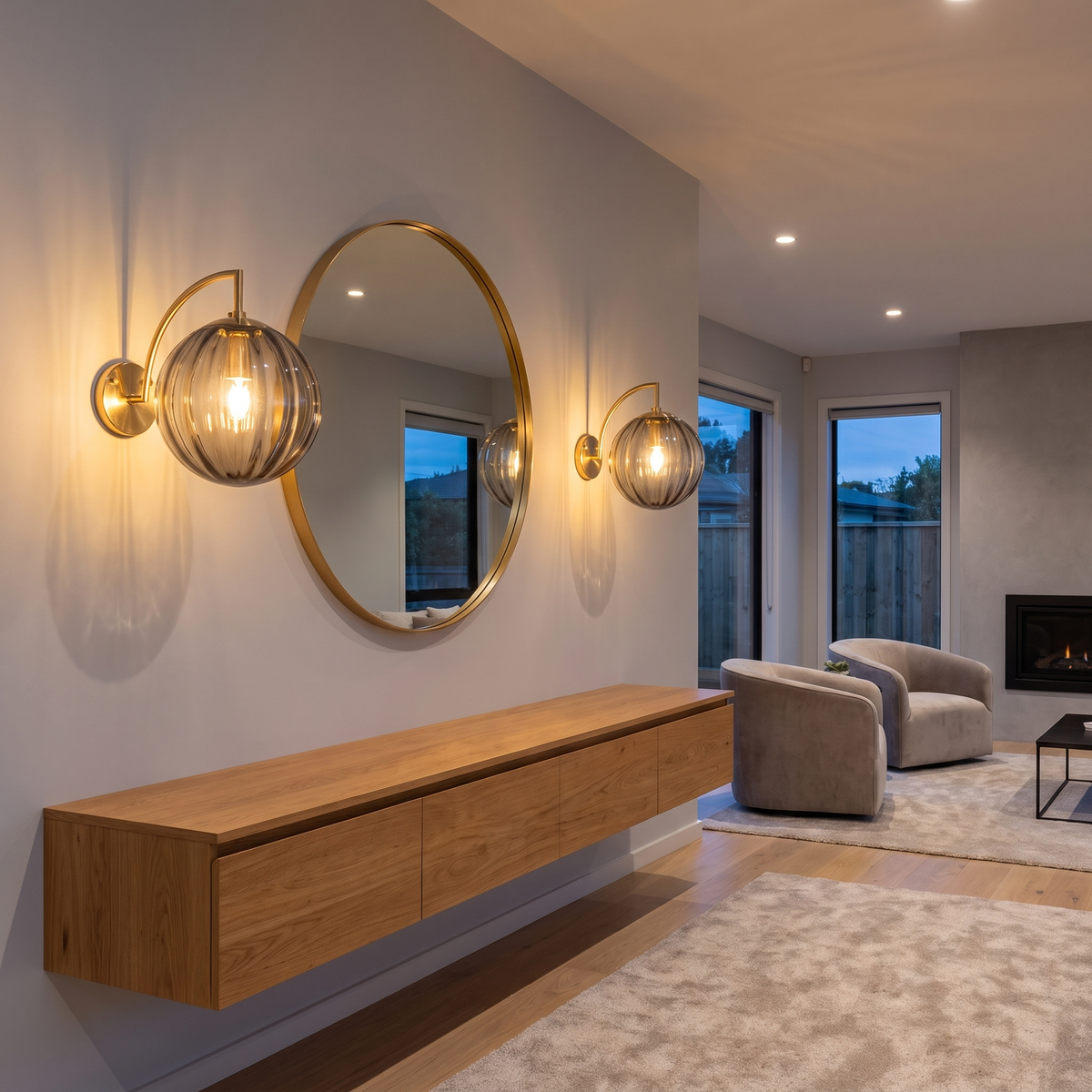 Ribbed Glass Globe Wall Sconce in a living room, showing size