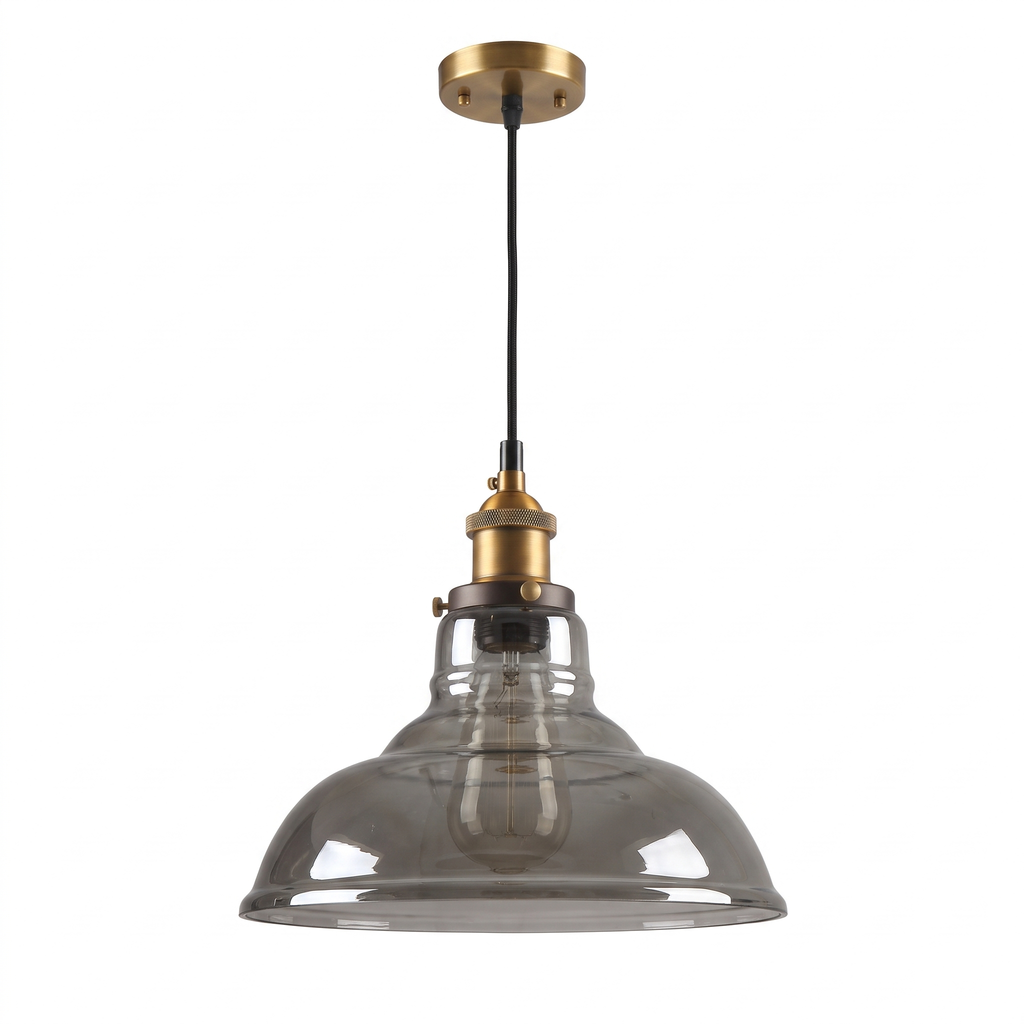 Vintage Smoky Glass Pendant Light in Wide Dome Smoky Gray on white background