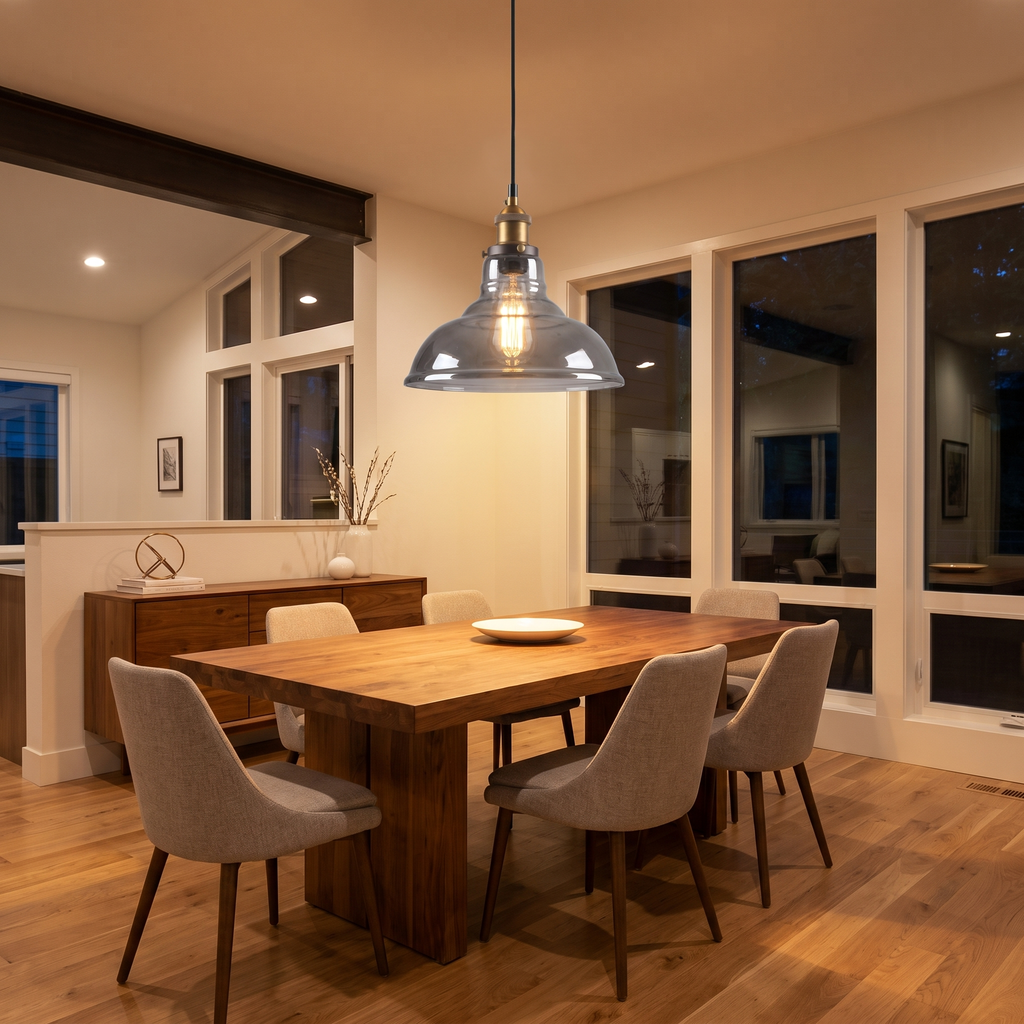 Vintage Smoky Glass Pendant Light in a dining room, showing size