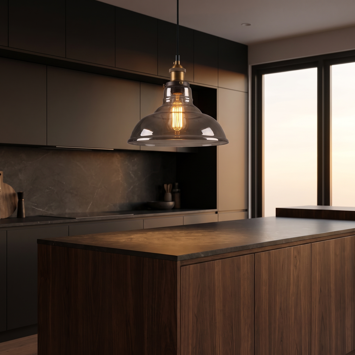 Vintage Smoky Glass Pendant Light in a dark modern kitchen
