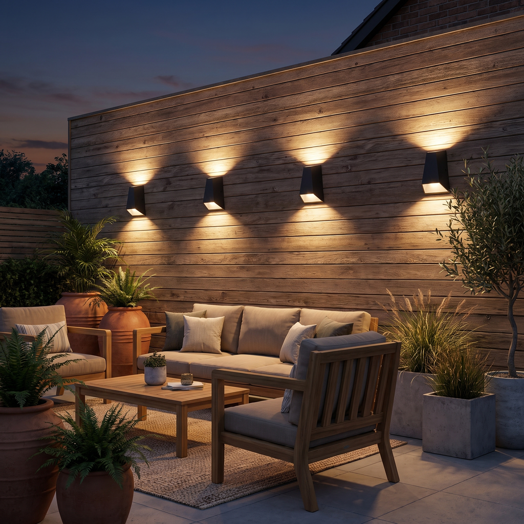 Angled Up Down LED Wall Light on a garden patio wall