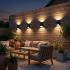 Angled Up Down LED Wall Light on a garden patio wall
