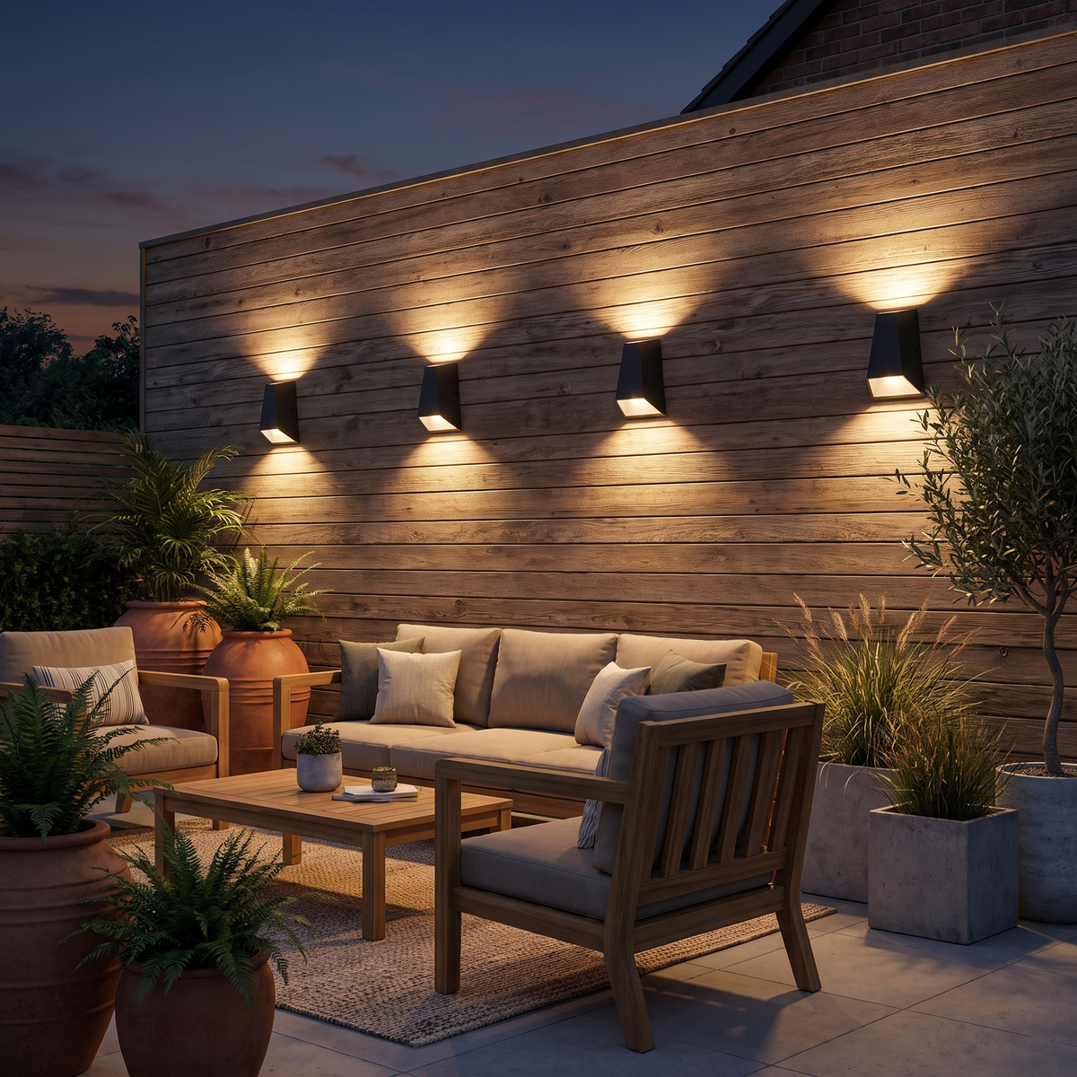 Angled Up Down LED Wall Light on a garden patio wall