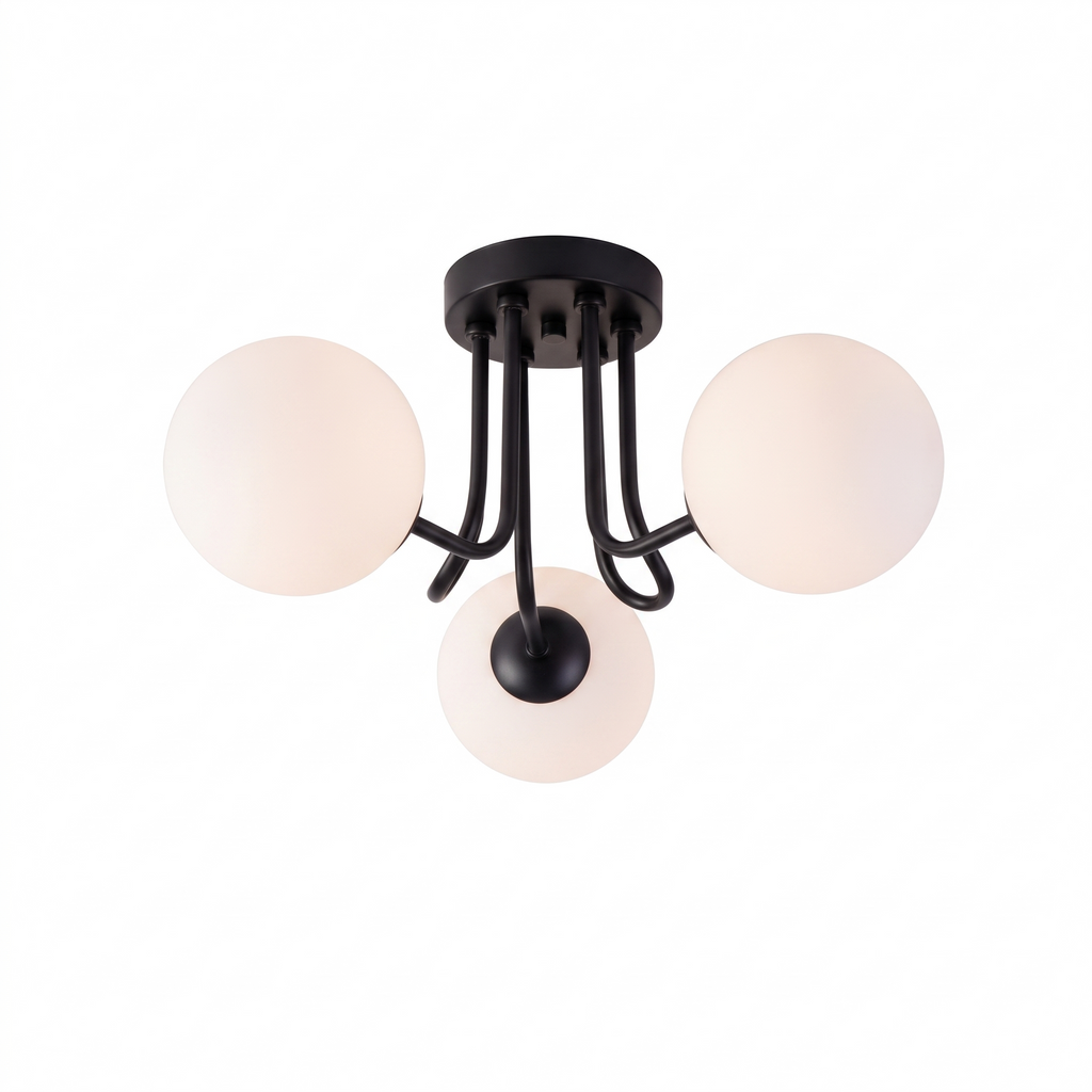 Three Globe Semi Flush Ceiling Light in Black on white background