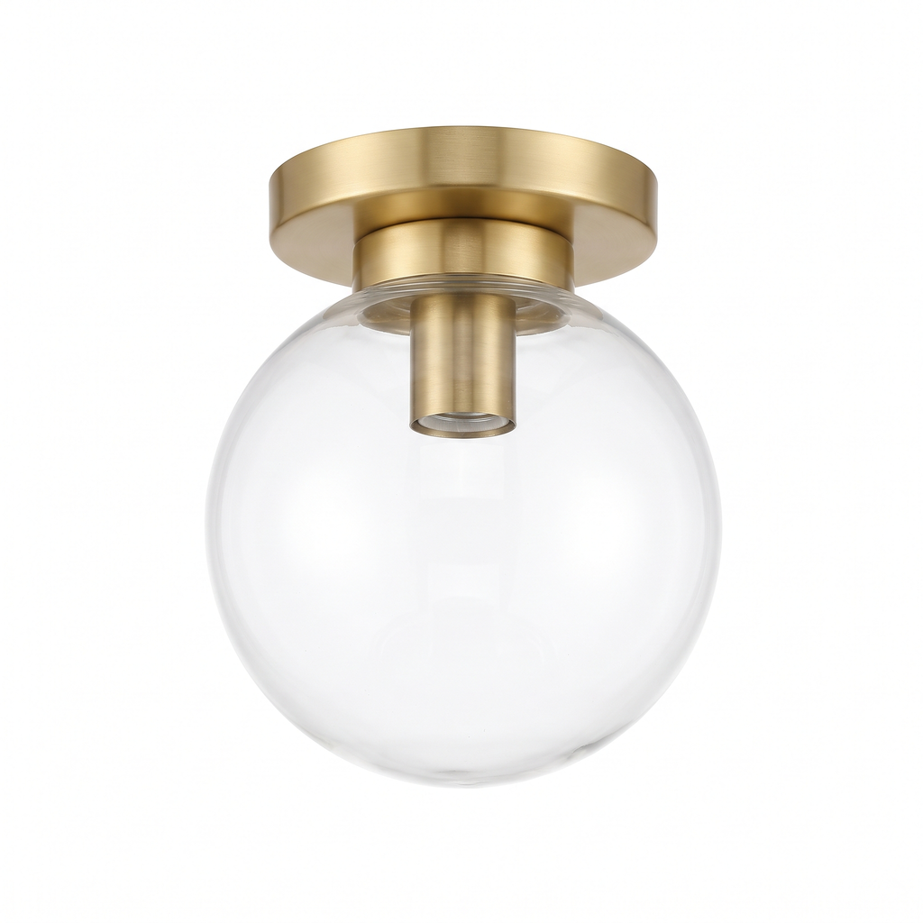 Glass Globe Flush Mount Light in Gold with Clear glass on white background