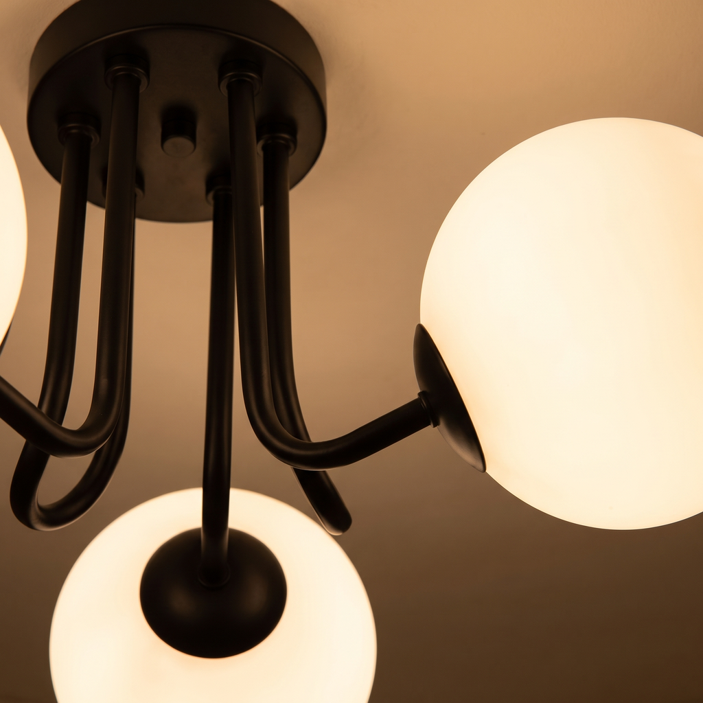 Three Globe Semi Flush Ceiling Light close-up of the opal glass globes