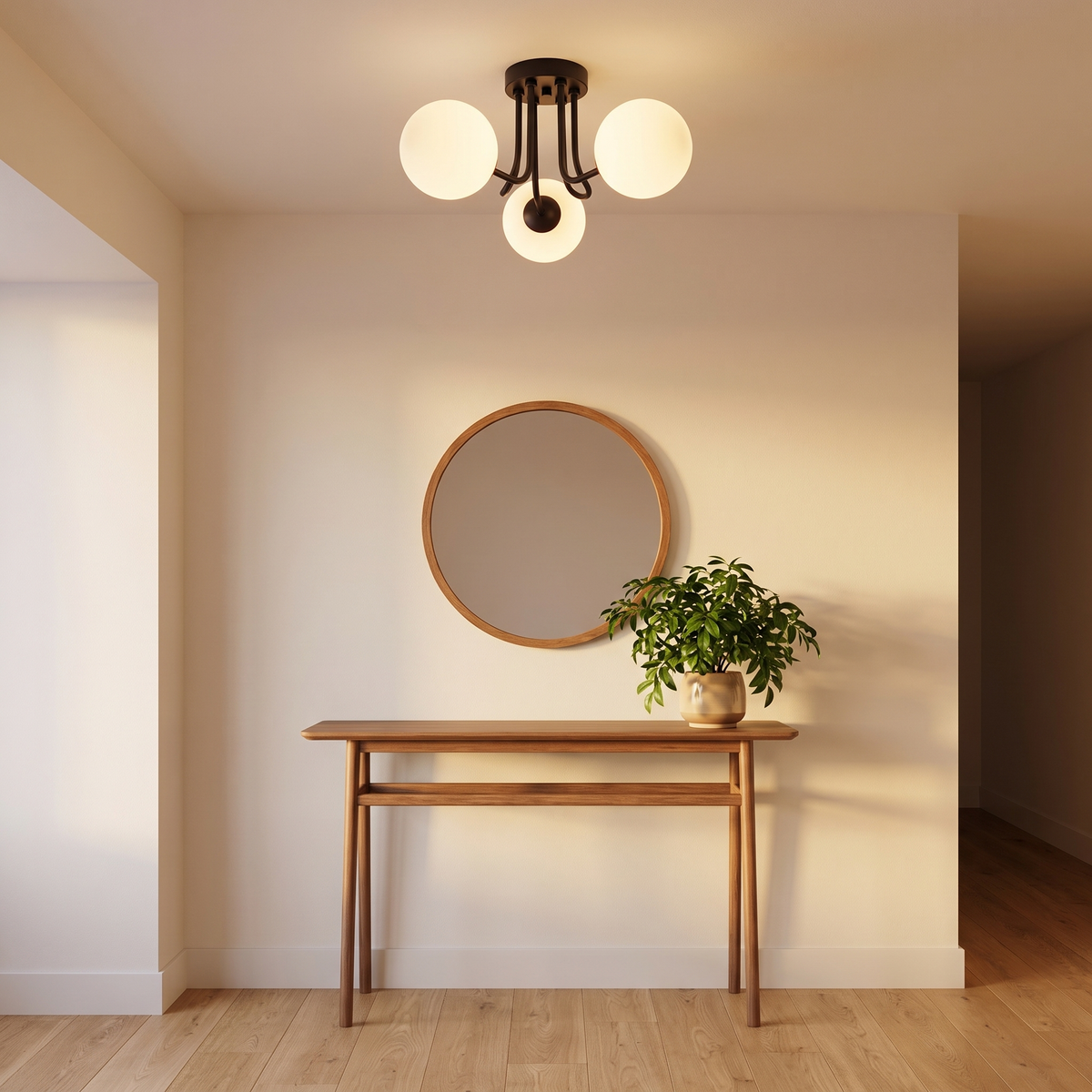 Three Globe Semi Flush Ceiling Light in an entryway