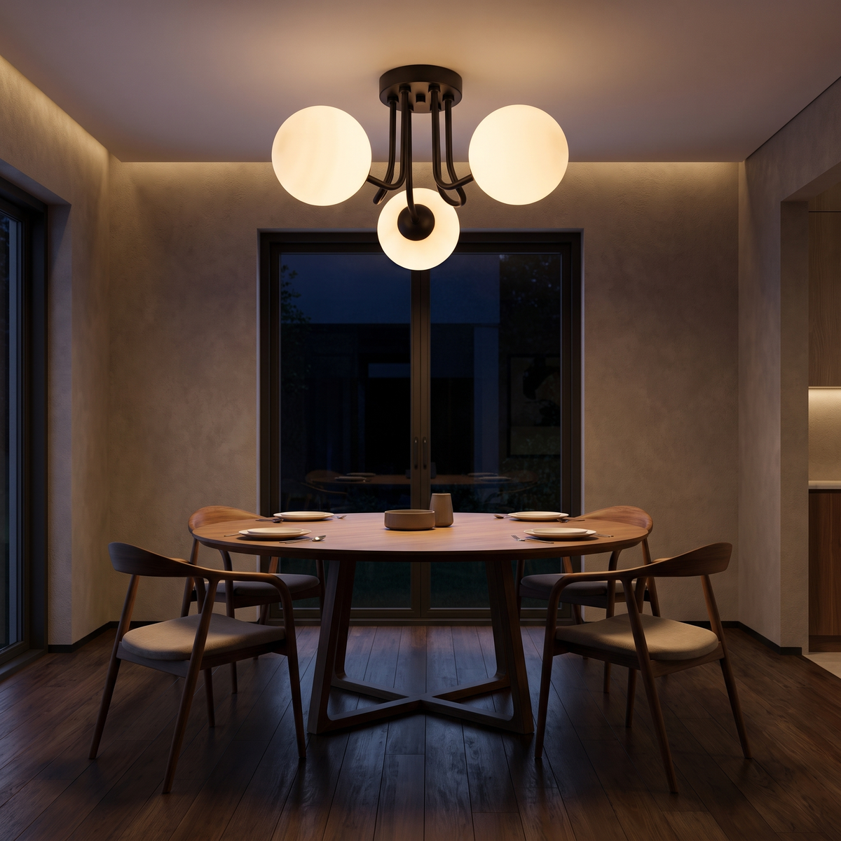 Three Globe Semi Flush Ceiling Light in a dining room, showing size