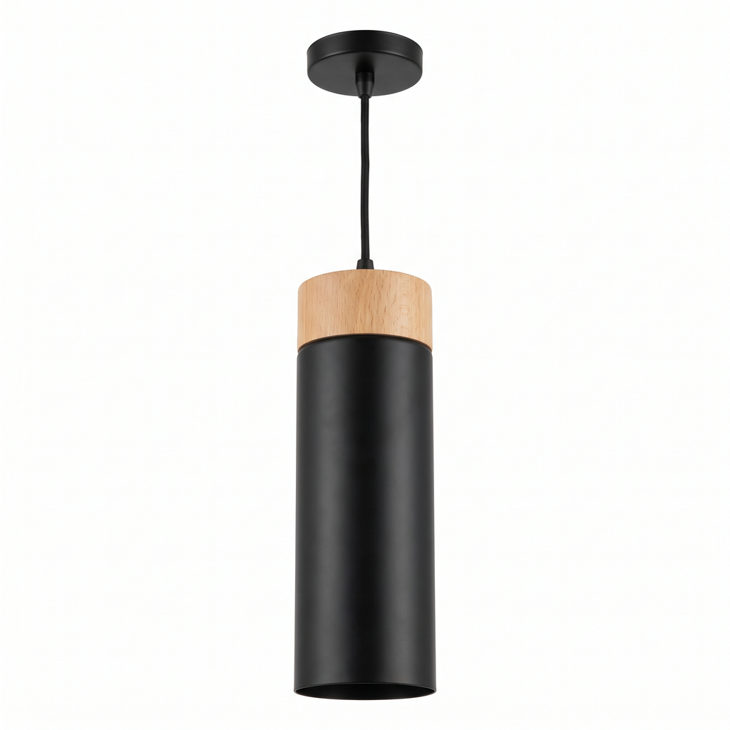 Wood and Metal Cylinder Pendant Light in Black on white background