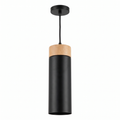 Wood and Metal Cylinder Pendant Light in Black on white background