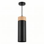 Wood and Metal Cylinder Pendant Light in Black on white background