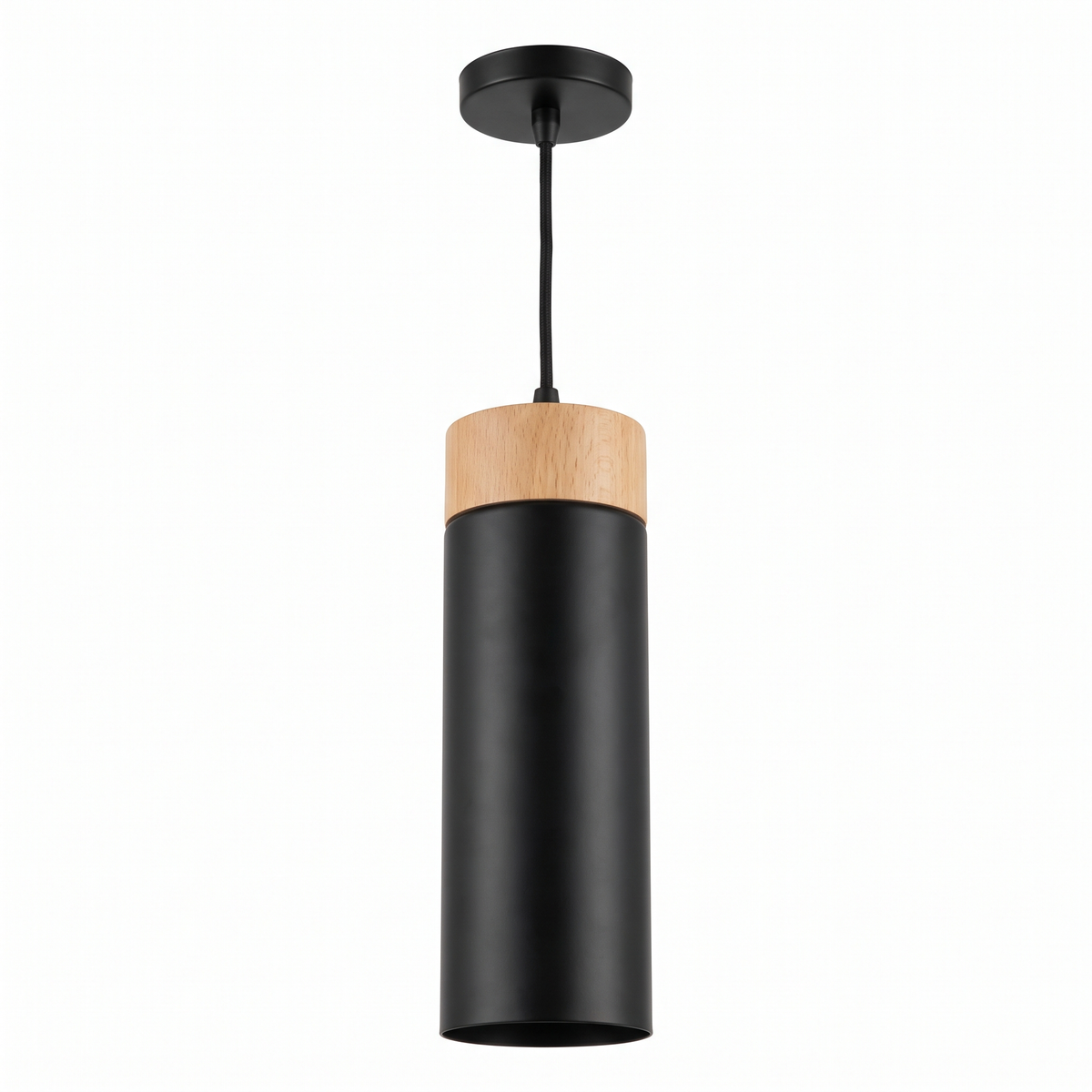 Wood and Metal Cylinder Pendant Light in Black on white background